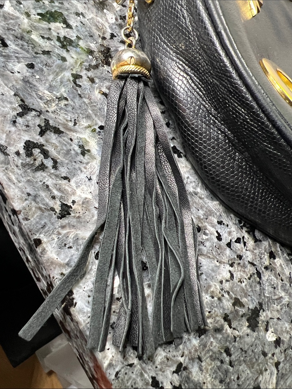 Escada Vintage Round Black Leather Bag Goldtone Hardware Studs Grommets Tassle - Picture 9 of 9
